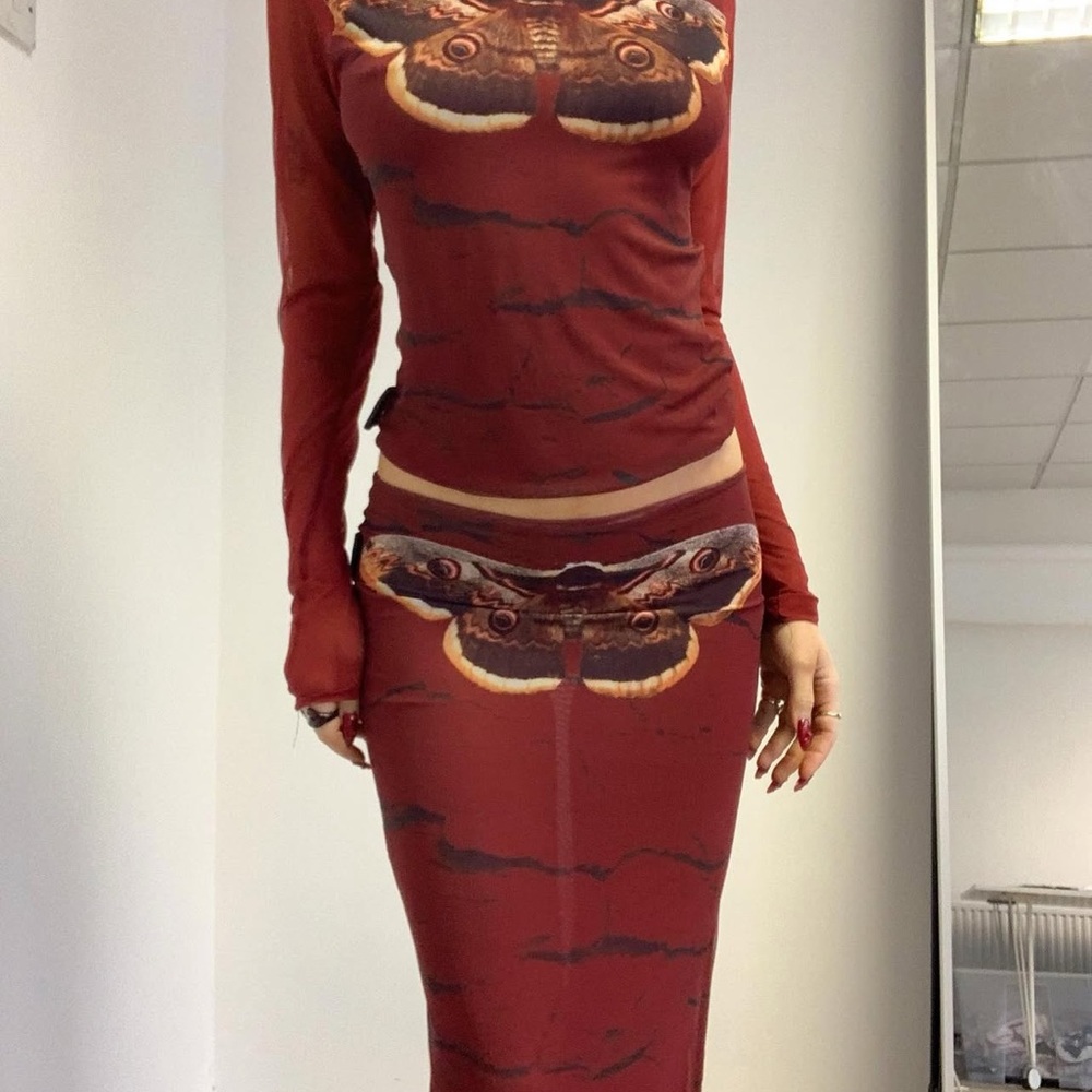 Tora Lily Red Sheer Long Sleeve Top with Moth Design